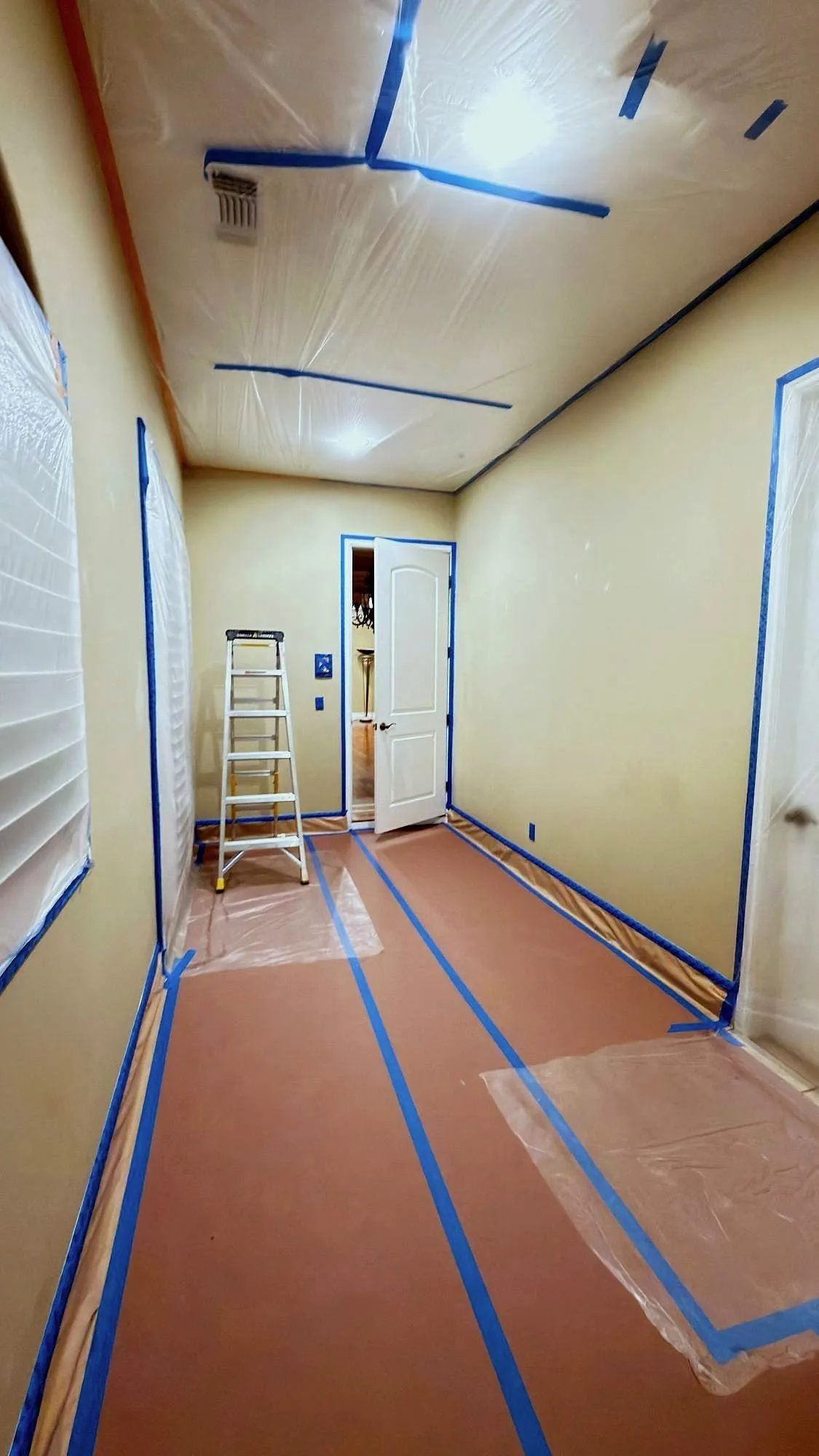Hallway papered and taped, floor to ceiling line.